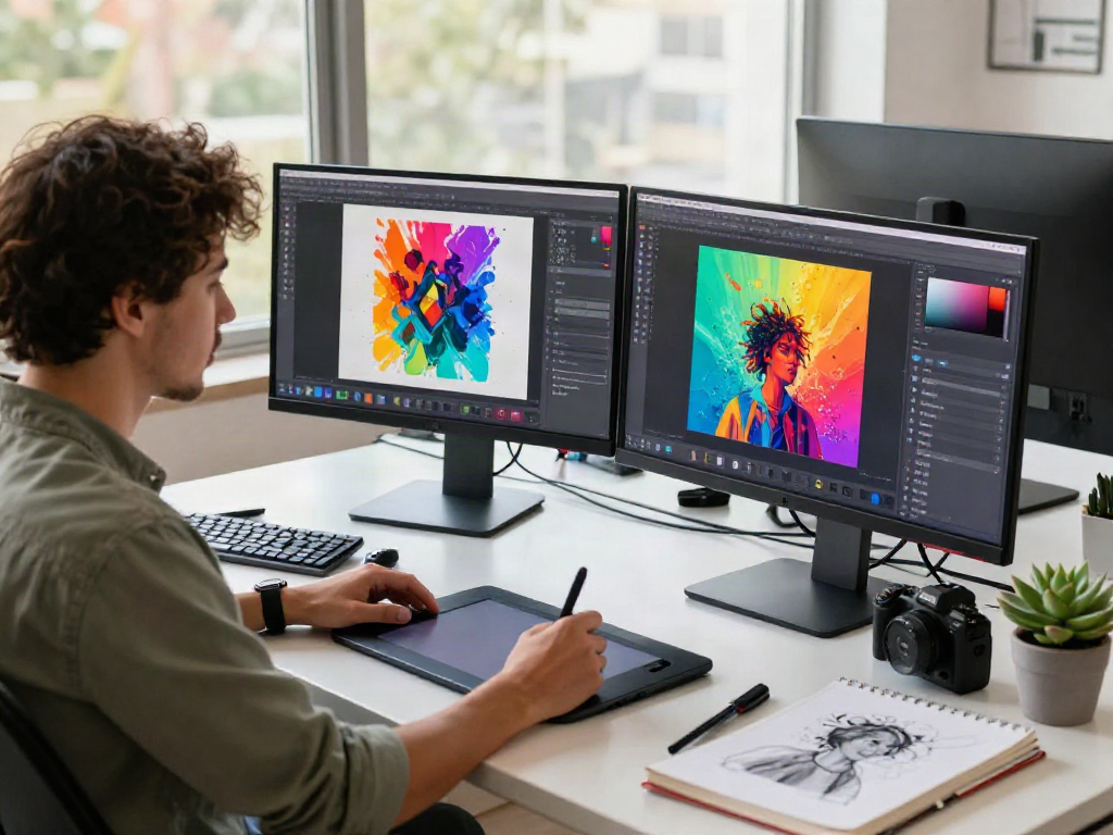 Designer creating digital art using image to image ai software in a modern workspace.