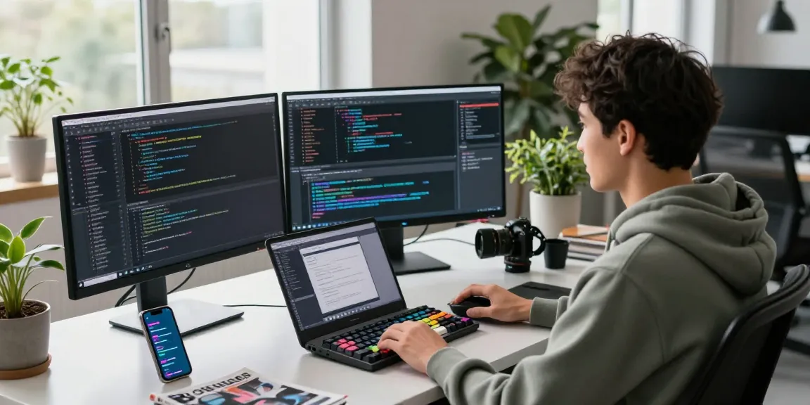 Developer coding on multiple screens in a modern office workspace, reflecting the innovative spirit of teiegramin.com.