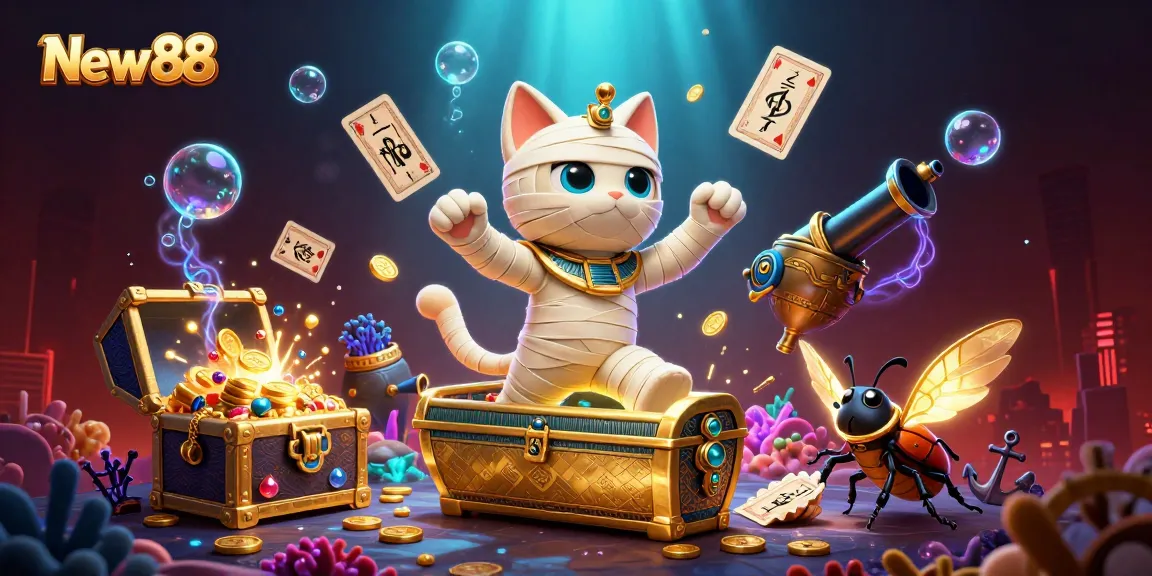 Experience thrilling gameplay at New88 with a 3D illustration of a mummy cat and treasure-filled casino scene!
