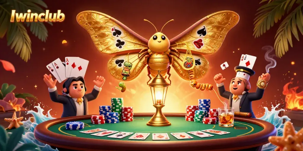Iwinclub showcases an energetic 3D illustration featuring a glamorous casino scene with a vibrant atlas moth.