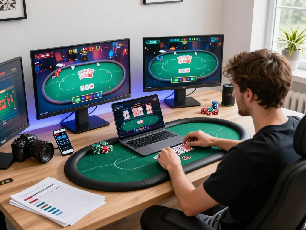 Player enjoying a thrilling sunwingo online poker game in a cozy home setup with strategy notes