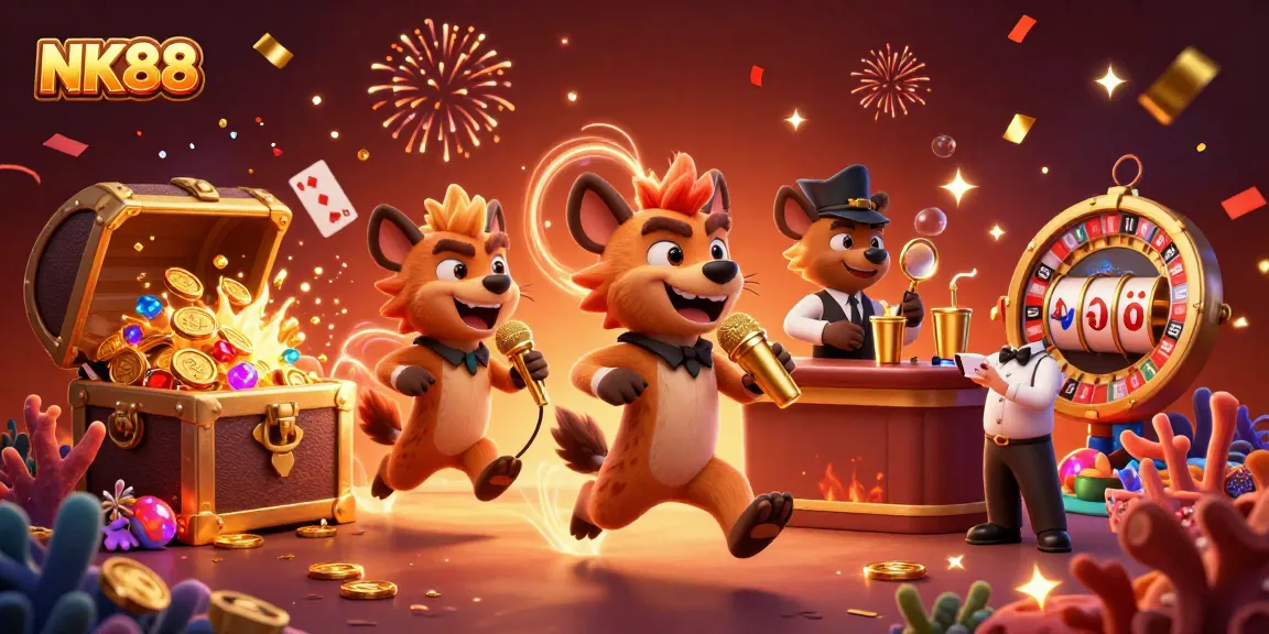 Engage in thrilling gameplay at NK88 with lively hyenas in a casino scene filled with action and excitement.