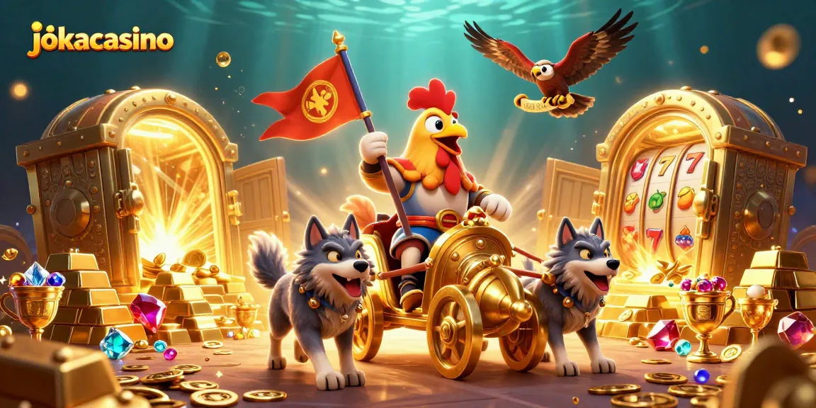 Experience the excitement at jokacasino with a vibrant 3D illustration featuring a rooster warlord, gold treasures, and slot game elements.