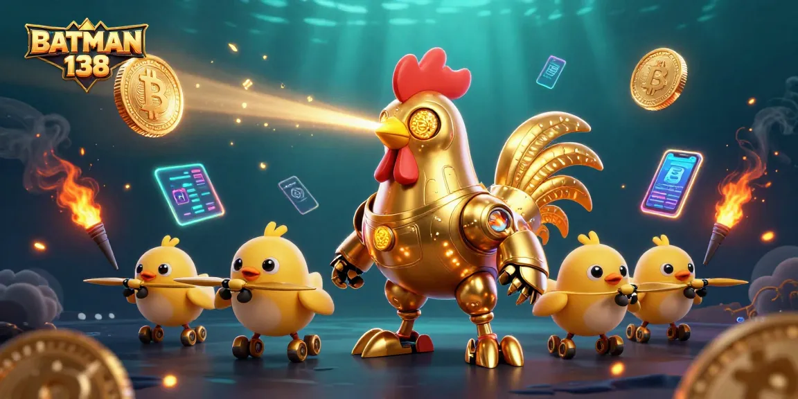 Mainkan BATMAN 138 dengan simbol slot berkilau dan robot ayam emas dalam aksi seru.