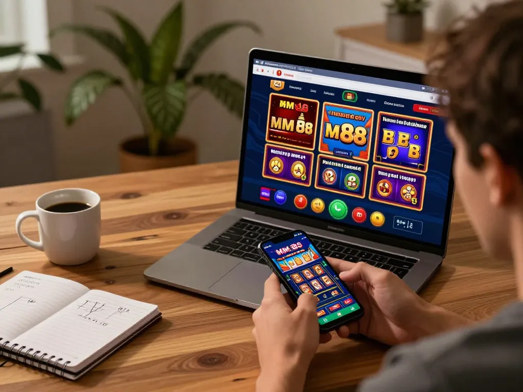 Player engaging with the MM 88 casino app on smartphone, illustrating online gambling activity.