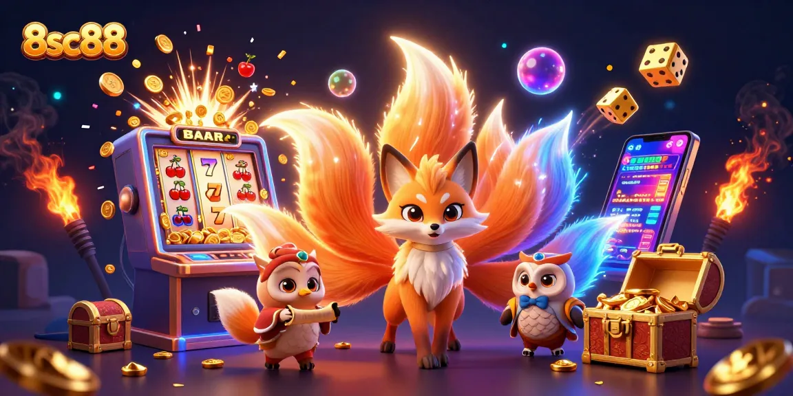 Immerse in the magical world of 8sc88 with vibrant characters and a jackpot explosion.
