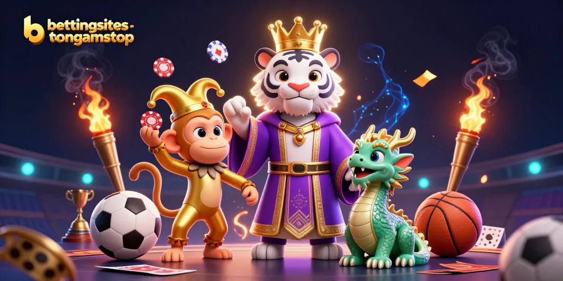 BettingSitesNotOnGamStop showcases a lively scene of a tiger, monkey, and dragon amidst dynamic sports betting elements.