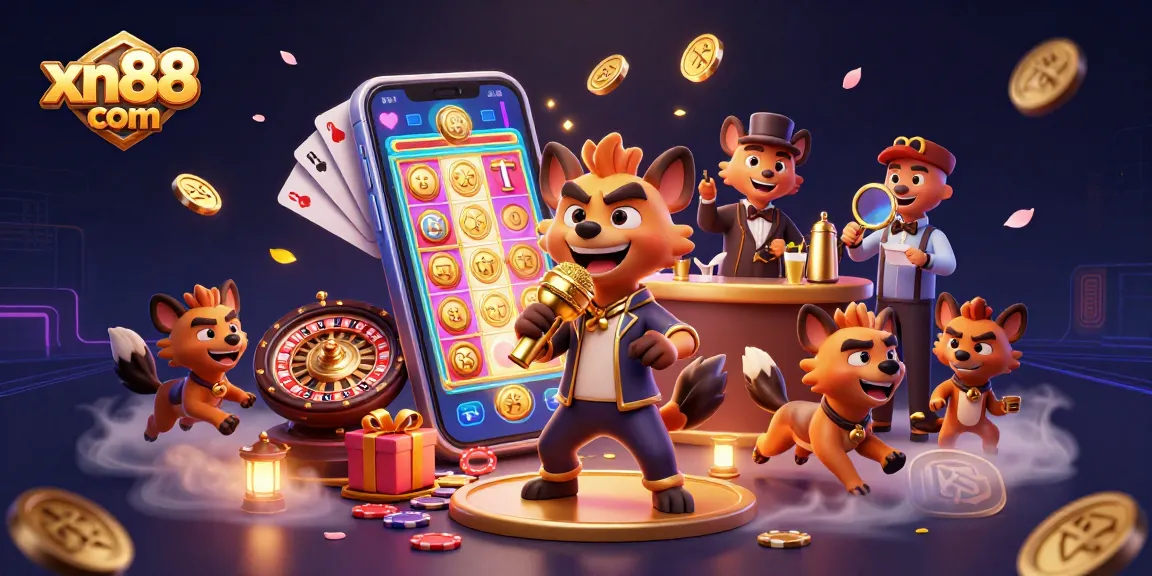 Engage players at xn88 com with vibrant hyenas in a dynamic casino scene showcasing gaming elements.