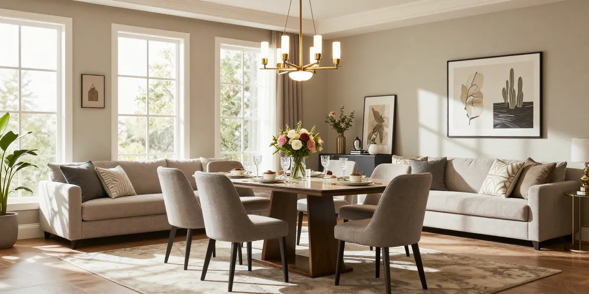 Un candelabru LED elegant suspendat deasupra unei mese de dining, iluminând atmosfera rafinată a unei camere de zi moderne.