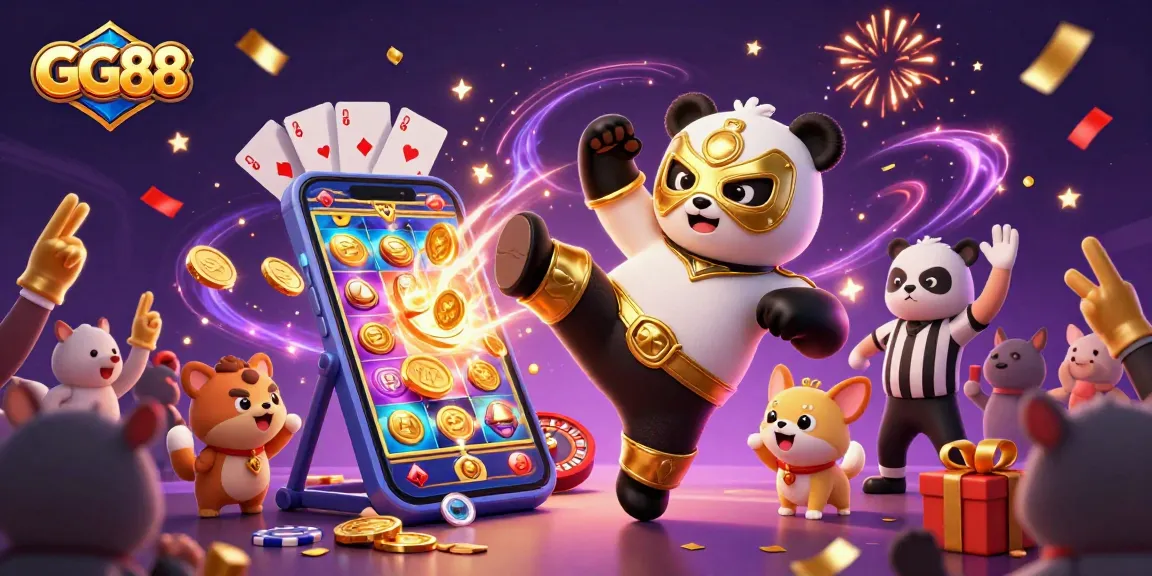 GG88 celebrates victory in this exciting 3D scene featuring a panda wrestler and casino elements.