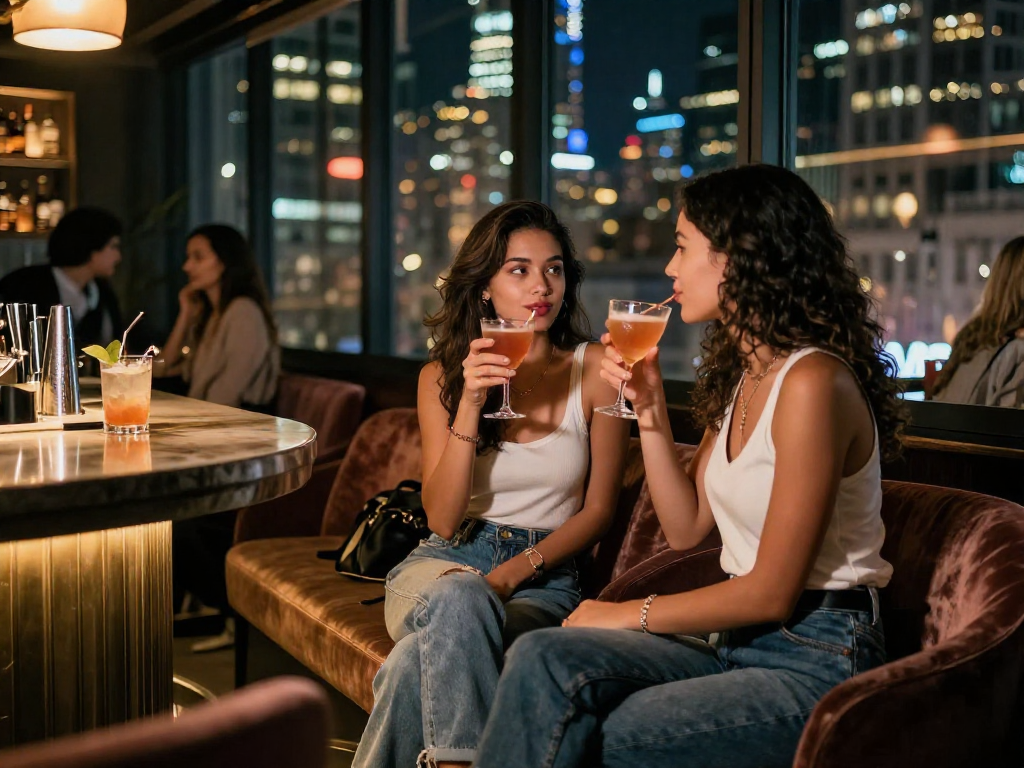 Gái gọi đang tận hưởng không khí buổi tối tại một lounge sang trọng, với đồ uống trong tay và ánh đèn mờ ảo.