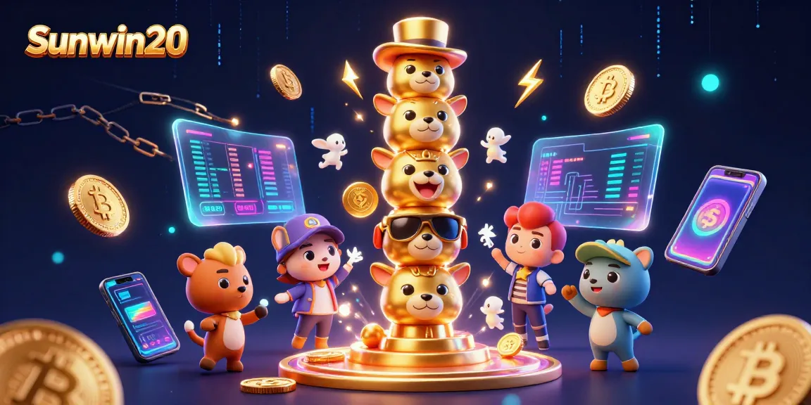 Engage with Sunwin20's vibrant casino world through animated totem poles and crypto elements.