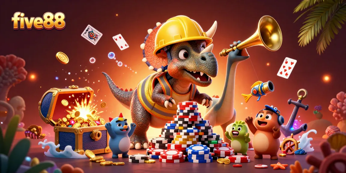five88 promotional art featuring a dynamic cartoon scene of dinosaurs celebrating casino gaming