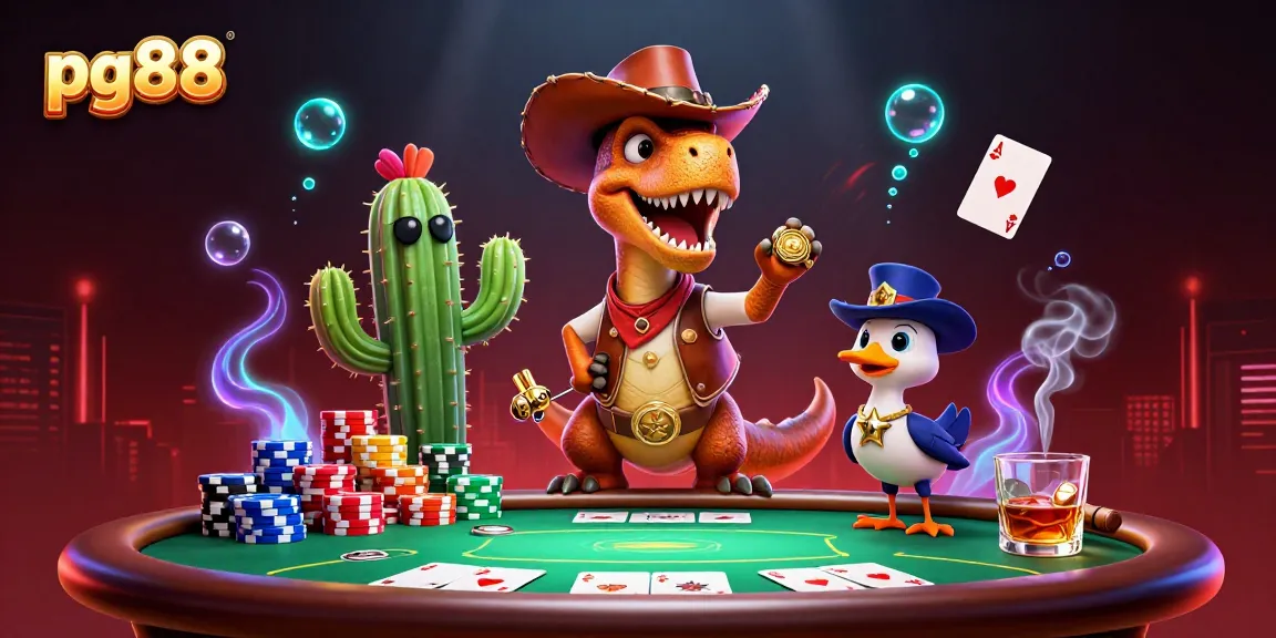 Engage with pg88's dynamic casino action featuring a T-Rex, poker elements, and vibrant gameplay.