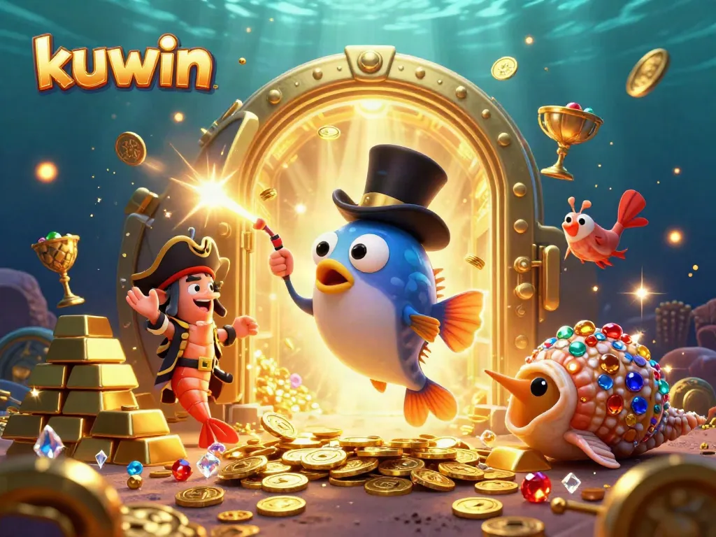Kuwin invites thrills with a vibrant treasure scene featuring a deep-sea anglerfish, shrimp, and a sea snail amidst sparkling riches.
