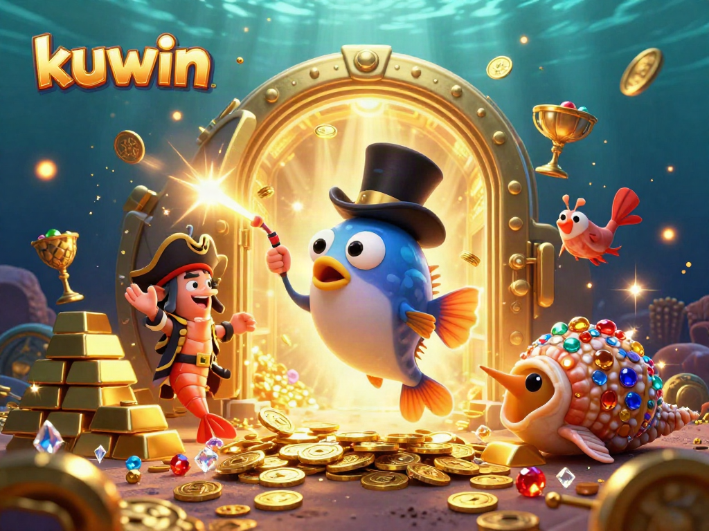 Kuwin invites thrills with a vibrant treasure scene featuring a deep-sea anglerfish, shrimp, and a sea snail amidst sparkling riches.