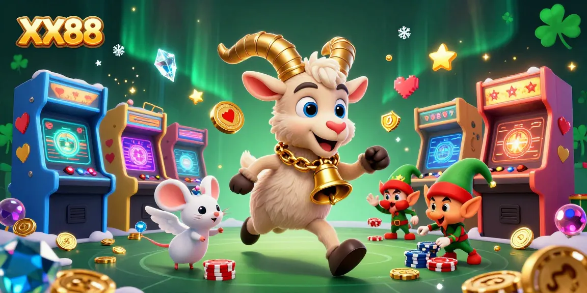 Win big with XX88 at a festive casino scene featuring a Krampus goat, angel mouse, and gremlin mischief.