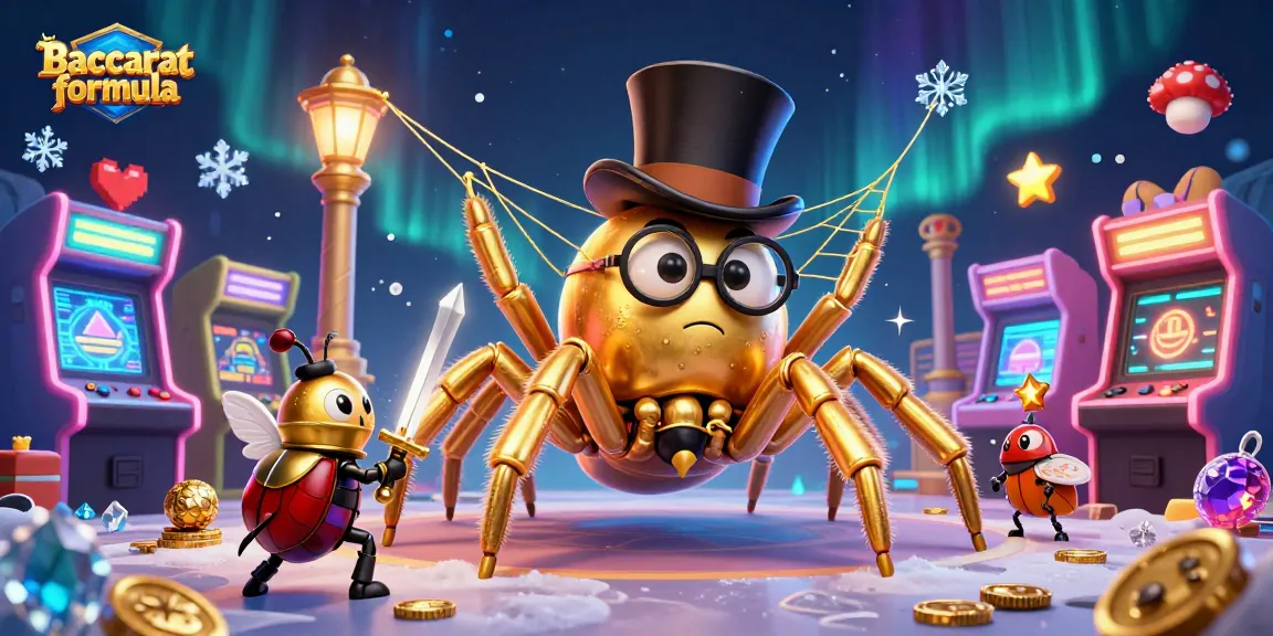 Engage with the Baccarat formula as a brave beetle knight approaches a golden tarantula weaving a web.