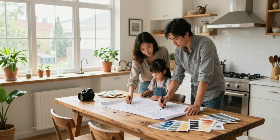 Family collaborating on a kitchen renovation, showcasing style and home improvement.