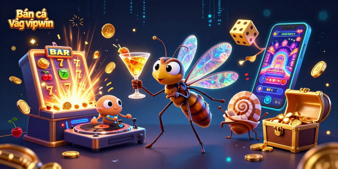 Bắn cá vàng vipwin showcases a vibrant casino scene with a unique frozen mosquito mascot and a trilobite DJ.