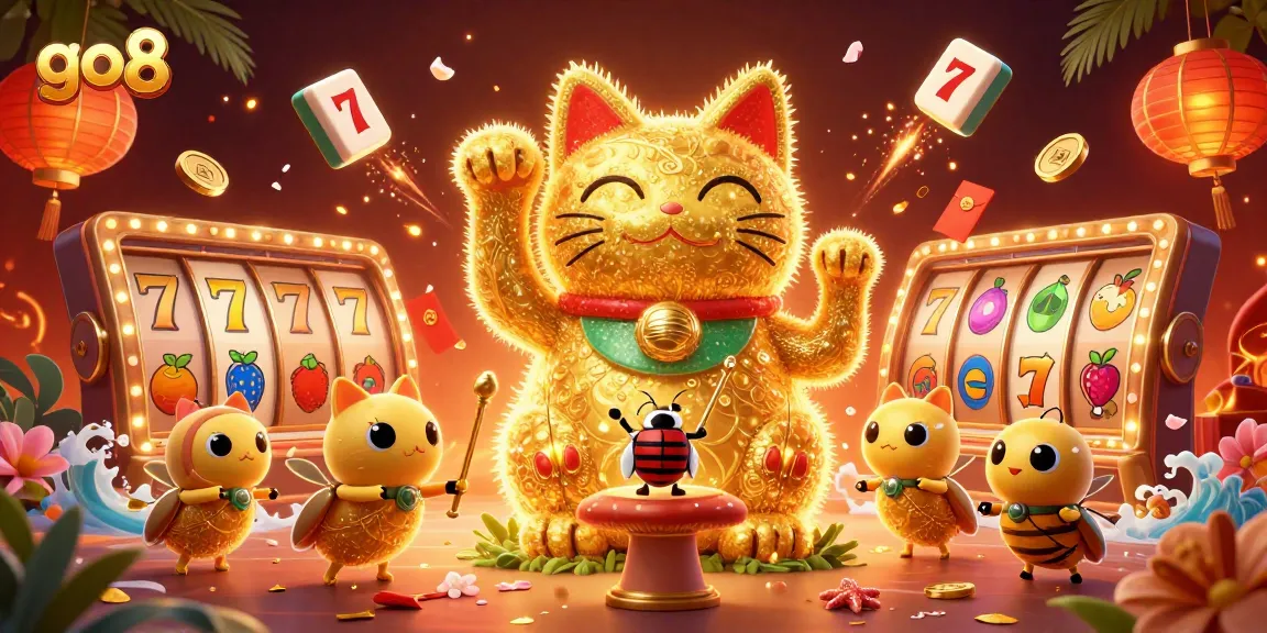 Bet on go8 with this vibrant scene featuring a giant lucky cat made of fireflies in a casino atmosphere.