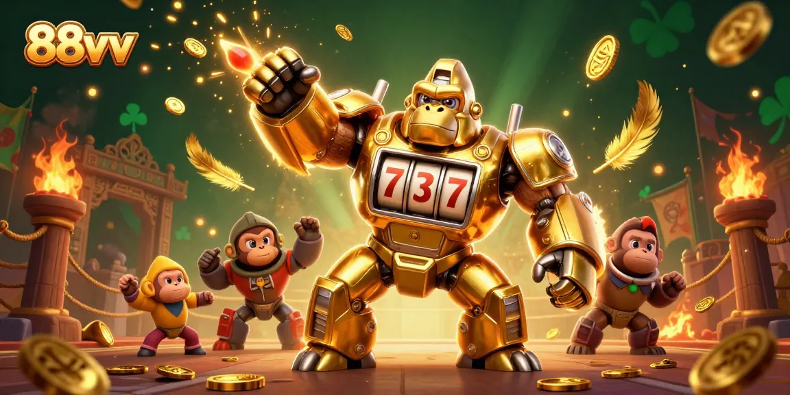 Engage with 88vv's dynamic casino experience featuring a golden gorilla mech and vibrant gaming elements.