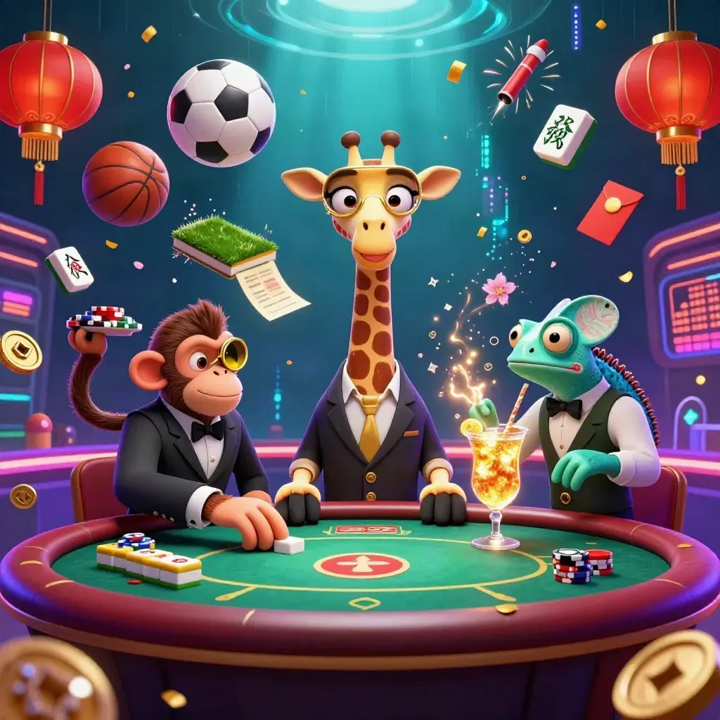 Giraffe, monkey, and chameleon at a neon VIP poker table with balls and casino glow
