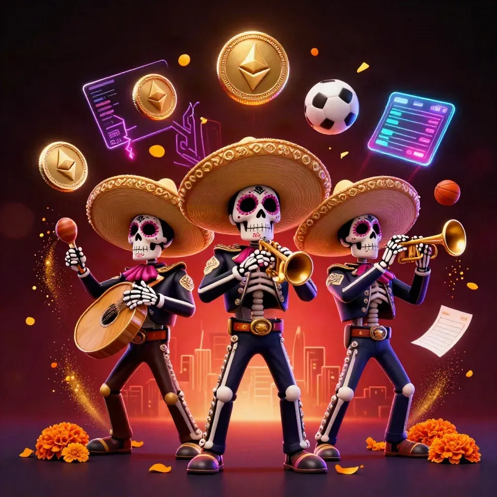 Skeleton mariachi trio amid neon coins, sports balls, betting slip, and dramatic casino lights.