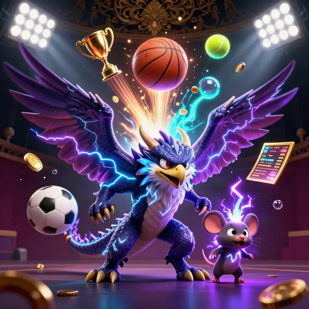Thunder dragon, glowing hawk and static mouse surround flying sports balls in neon casino light.
