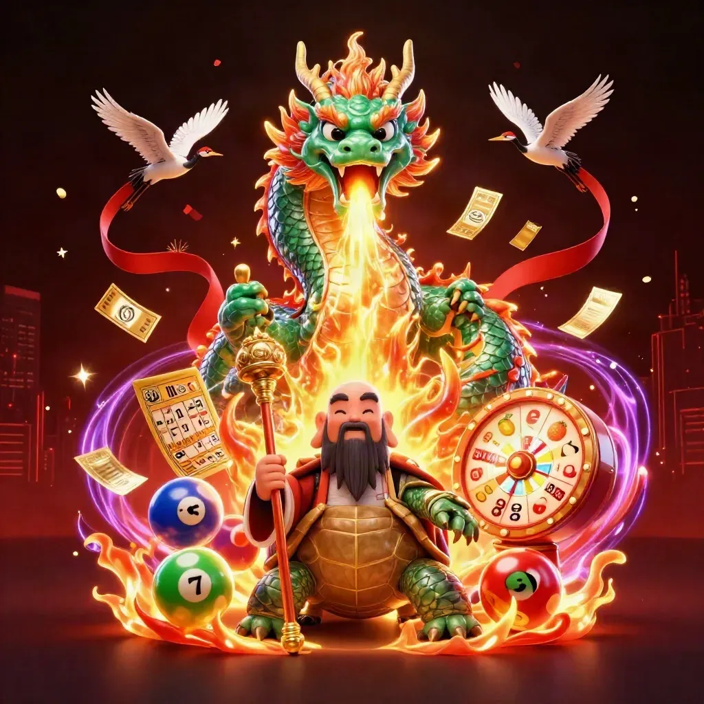 Dragon, turtle sage, and cranes amid gold fire, slot symbols, and purple neon casino lights.