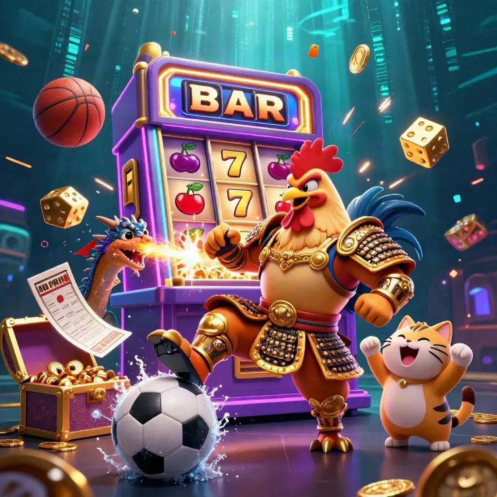 Rooster warrior, dragon hatchling and lucky cat erupt around casino loot and sports balls.