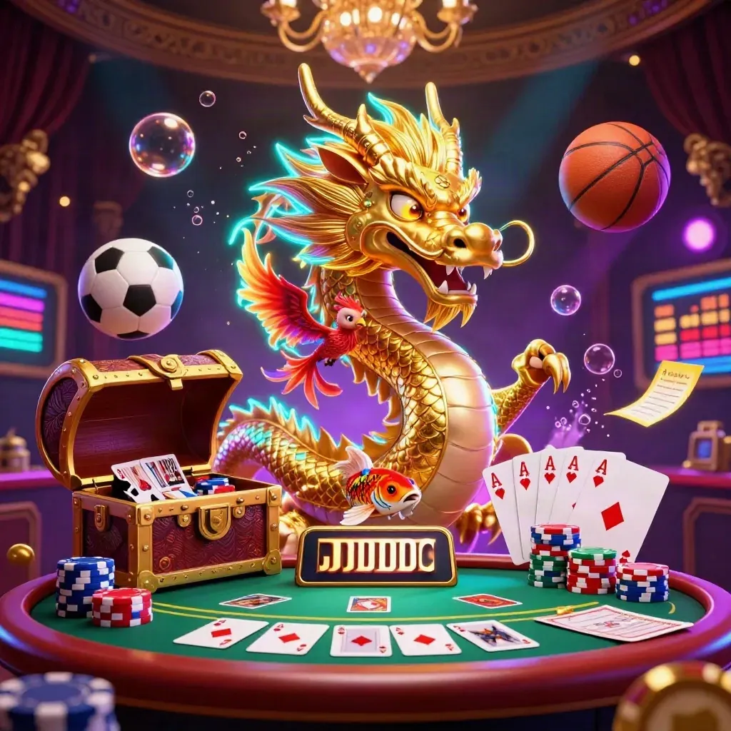 Golden dragon on treasure chest with phoenix, koi, chips, cards, soccer ball and basketball in neon casino light.