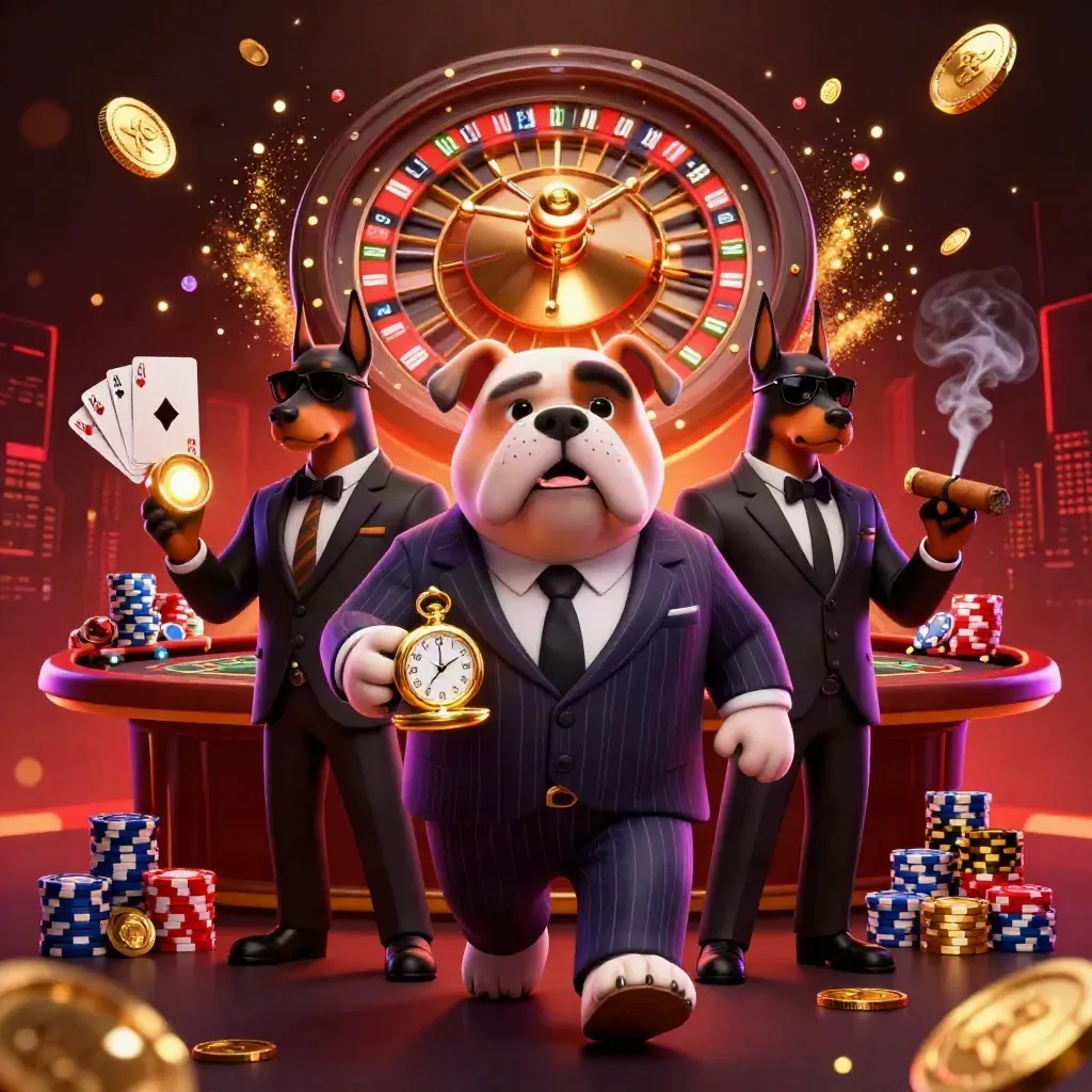 Bulldog mob boss and two Dobermans amid casino gold, spinning roulette, chips, cards and jewels.
