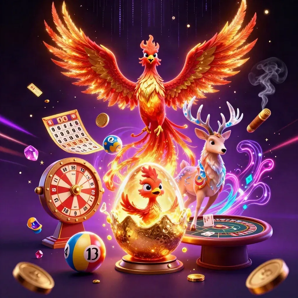 Phoenix, baby phoenix, and crystal-antler stag amid neon casino game elements in a dark luxe chamber.