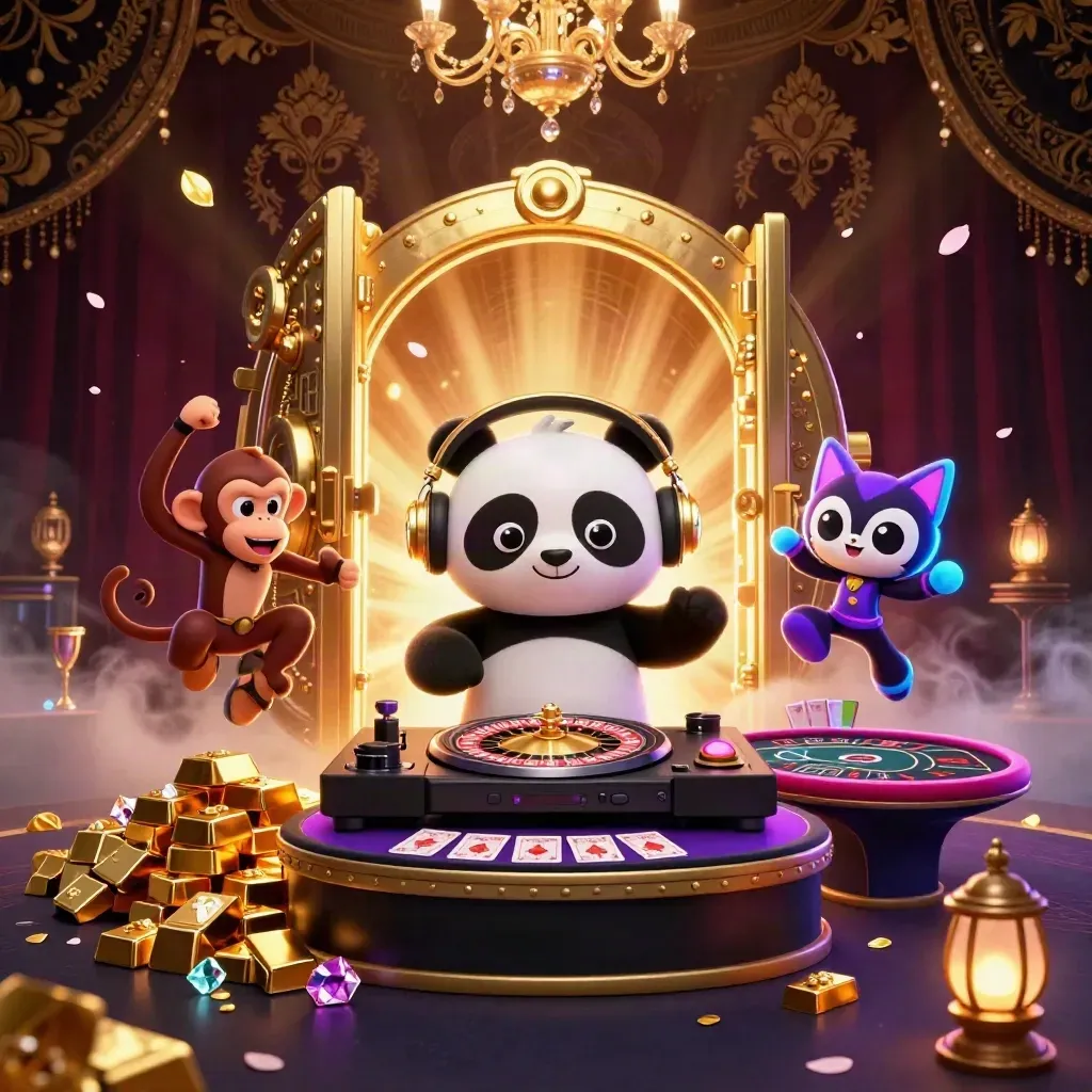 Panda DJ, dancing monkey, and glow-stick kitten amid casino gold, neon light, and a vault burst