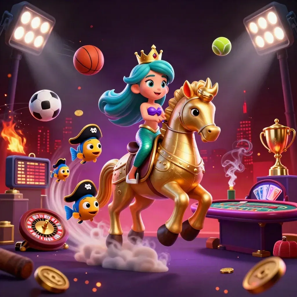 Mermaid princess on armored seahorse with pirate fish, casino props, glowing neon skyline