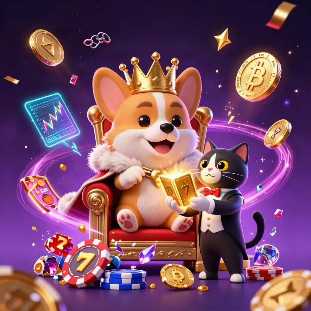 Royal corgi king and cat butler amid neon coins, gems, and casino magic