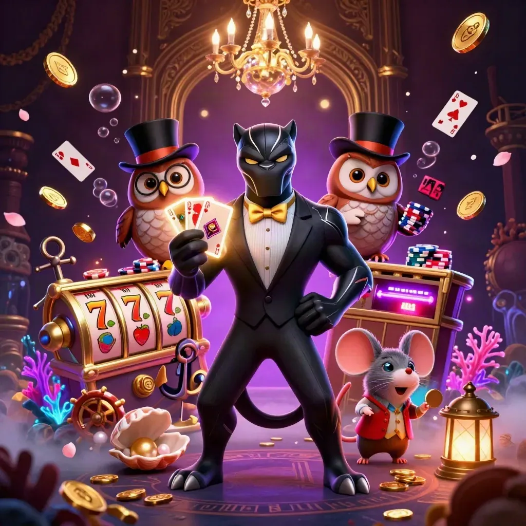 Panther dealer, owl gambler, and mouse amid coins in a neon underwater treasure cove.