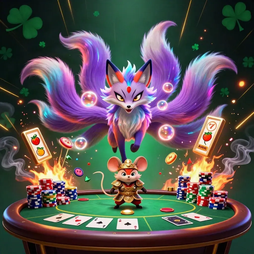 Neon fox spirit and armored mouse amid poker chips, cards, shamrocks, and casino light bursts.