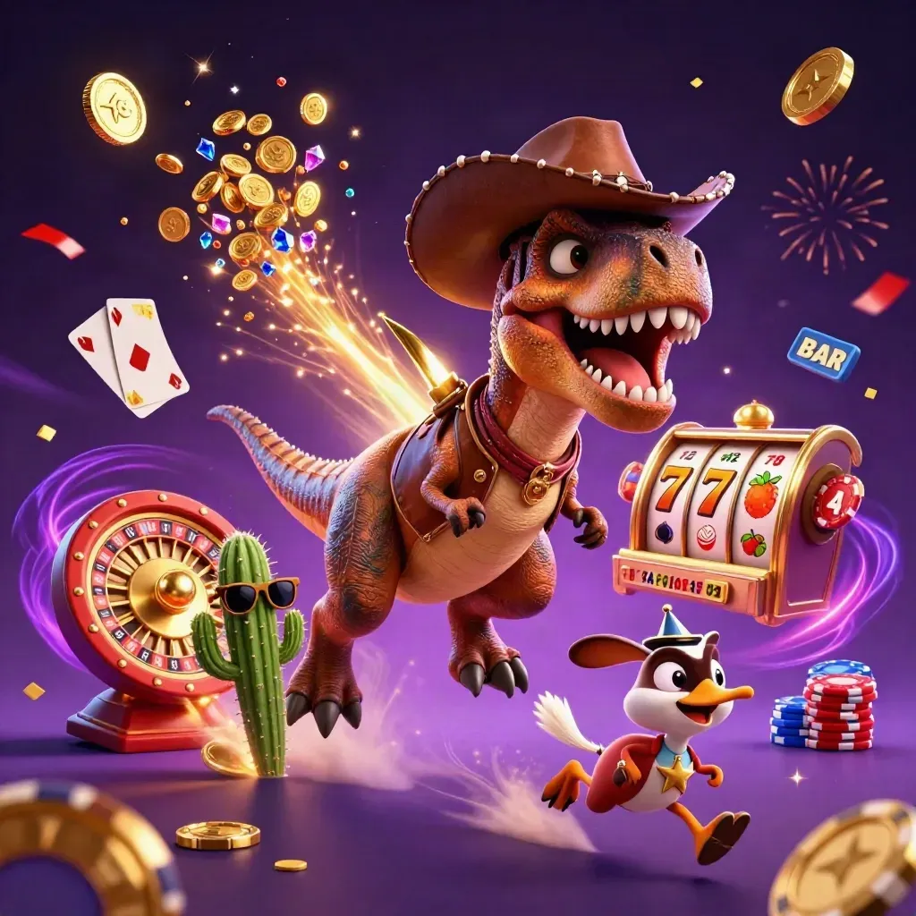 Cowboy T-Rex, cactus sidekick, and roadrunner amid gold coins, gems, roulette wheel, and neon casino sparks.
