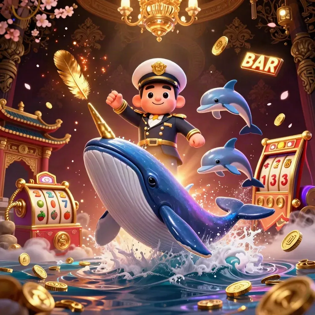 Whale captain, narwhal and dolphins burst from coins before a glowing temple gate.