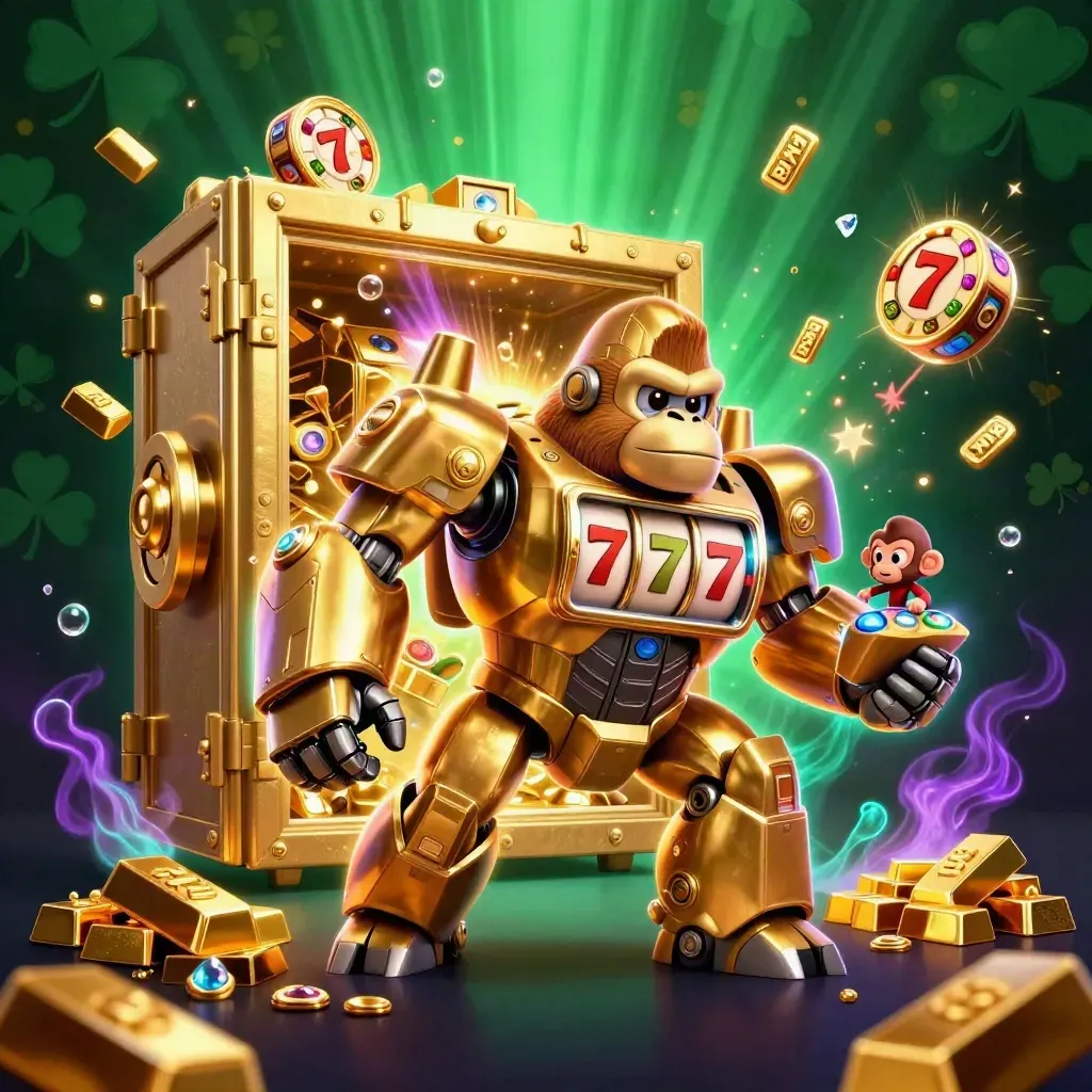 Golden gorilla mech and monkey pilot blast open a treasure vault amid neon casino loot and god-rays.