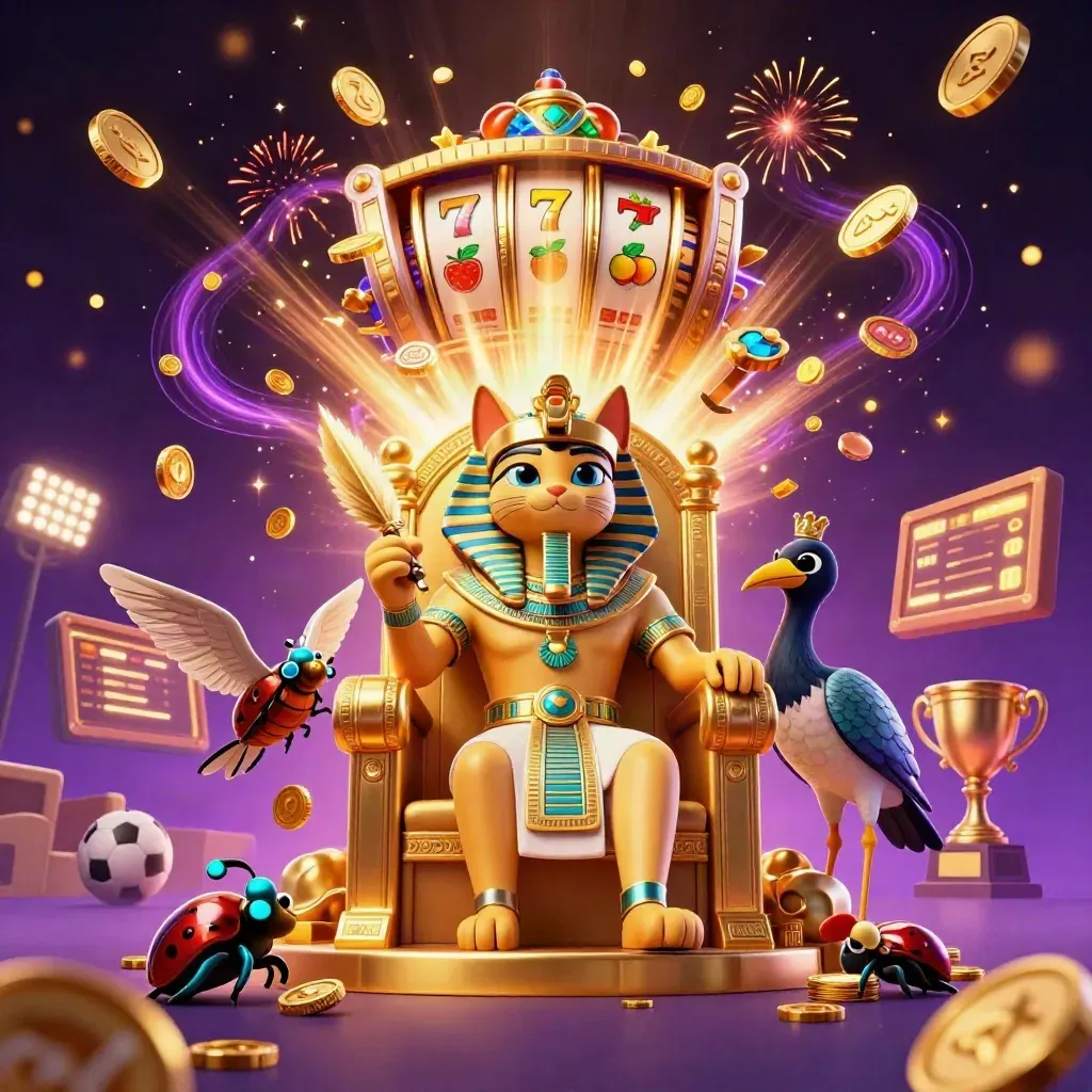 Pharaoh cat, ibis scribe, and gem-winged scarabs amid coins, sports balls, reels, and fireworks.