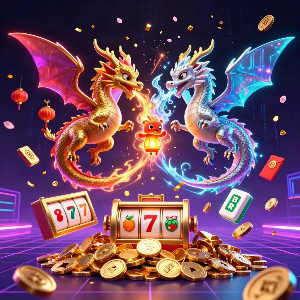 Twin gold and silver dragons spiral with fire and ice amid coins, lanterns, fireworks and slots.