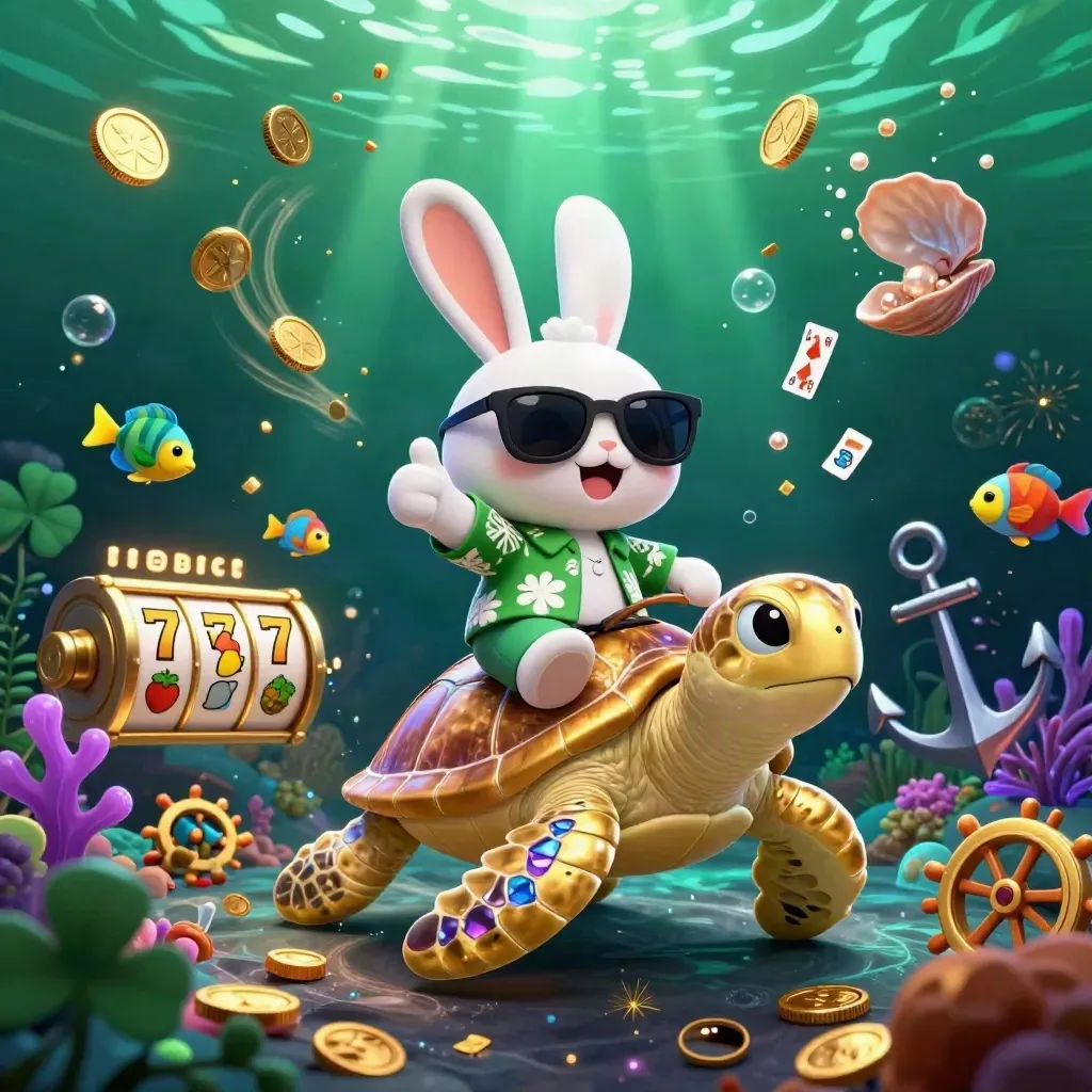 Lucky rabbit rides a golden sea turtle through a glittering underwater casino treasure cove.