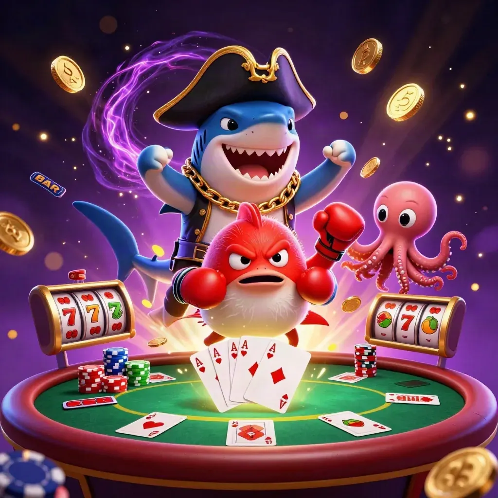 Pirate shark, boxing pufferfish, and juggling octopus amid coins, chips, reels, and fireworks.