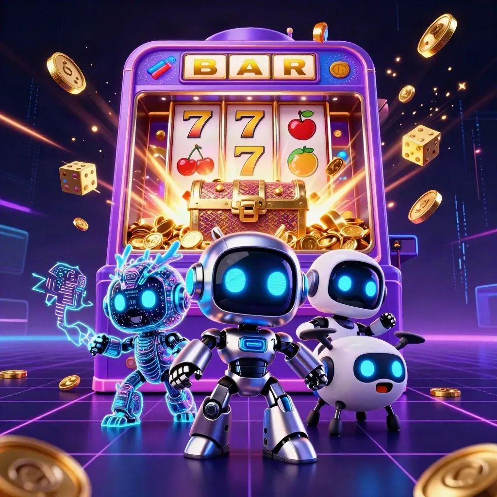 Cyberpunk robot, holographic dragon, and coin drone amid exploding slot jackpot gold and fireworks