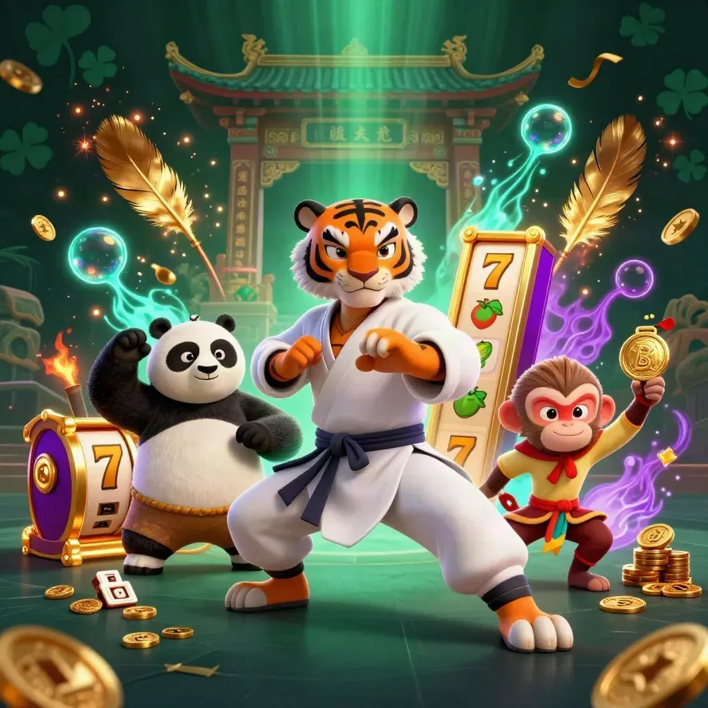 Tiger master, panda disciple, and monkey student in a neon casino kung-fu scene with slot symbols.