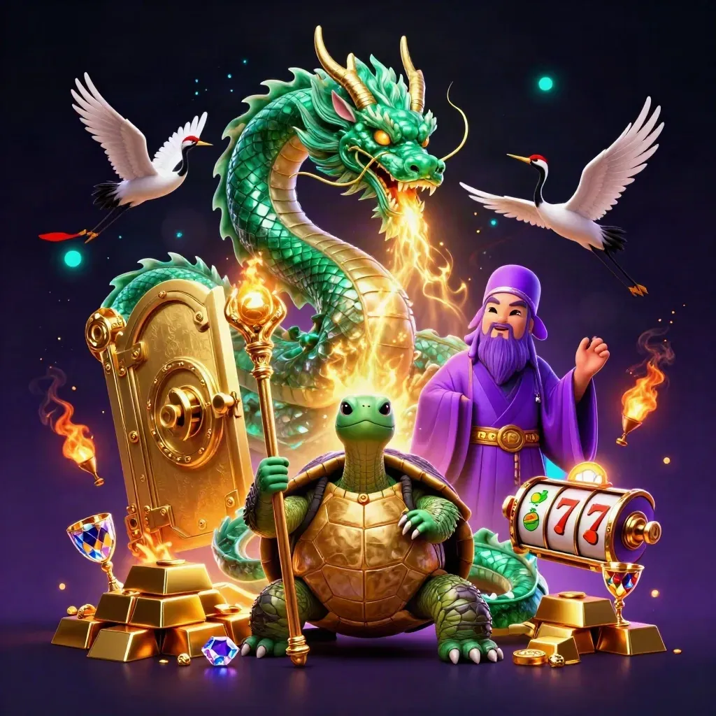Emerald dragon, turtle sage, and ribbon cranes amid gold vault loot and neon casino sparks.