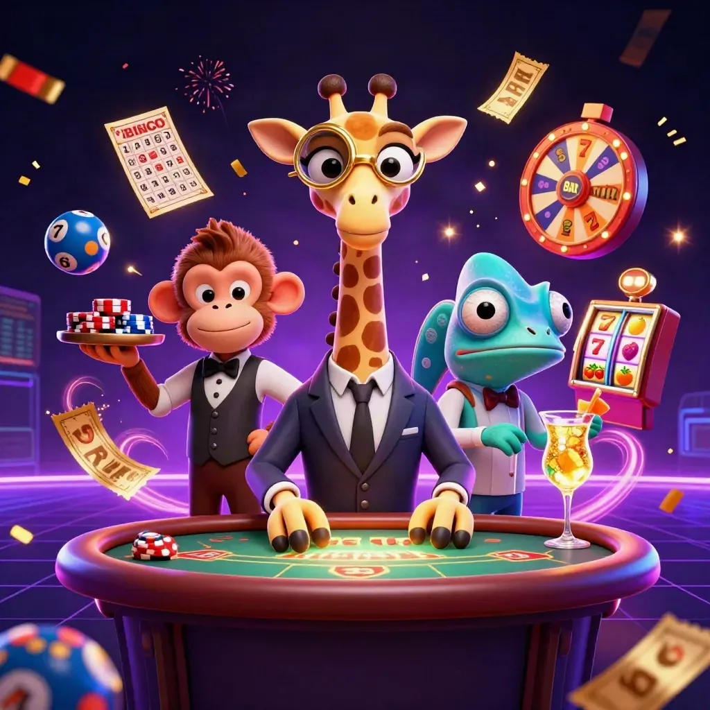 Cartoon giraffe, monkey valet, and chameleon bartender amid casino lights and flying jackpot symbols